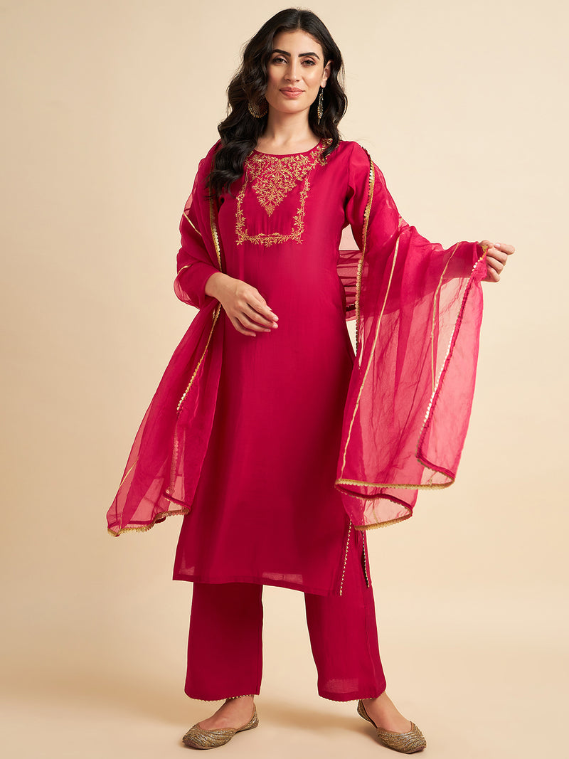 Fuchsia Rayon Silk Straight Calf Length Kurta With Palazzo Dupatta Set