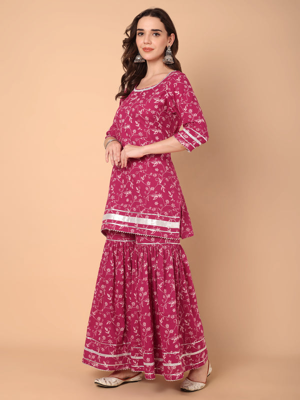 Pink Floral Printed Kurtas With Sahara & Dupatta Set