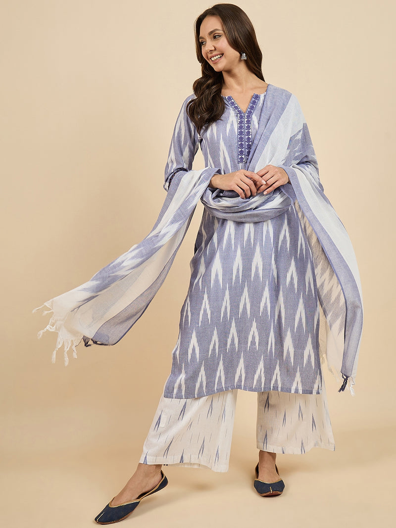 Ikat Printed Kurta With Palazzo & Dupatta