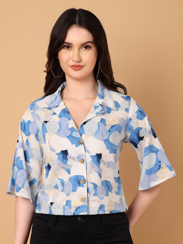 Abstract Printed Shirt Collar Top