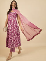 Floral Printed Kurta With Palazzo & Dupatta Set