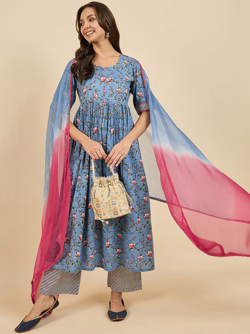 Floral Printed Kurta With Palazzo & Dupatta Set