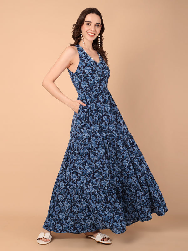 Blue Floral Printed Tiered Dress