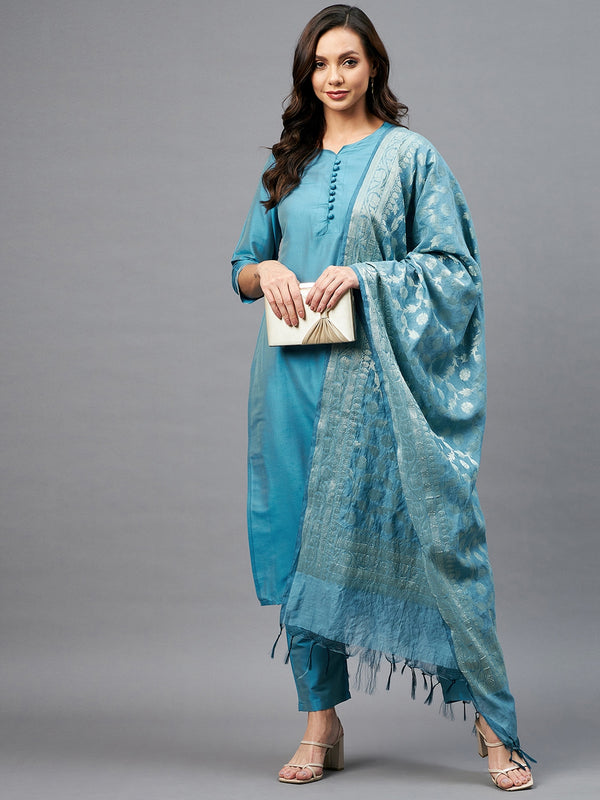 Straight Calf Length Kurta With Palazzo & Dupatta