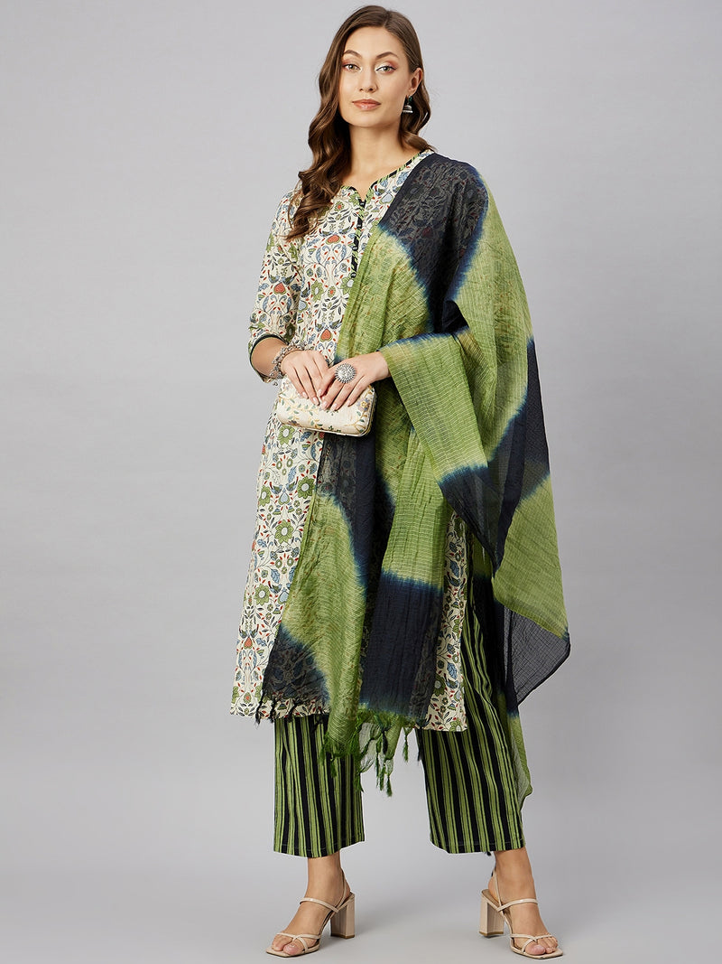 Floral Printed Kurta With Palazzo & Dupatta Set