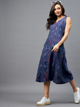 Navy Blue Ikkat Printed A-Line Button Down Dress