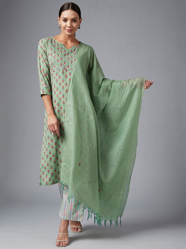 Green Printed Kurta With Dupatta & Palazzo