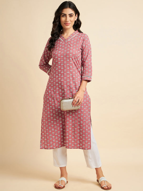 V Neck Printed Cotton Kurta