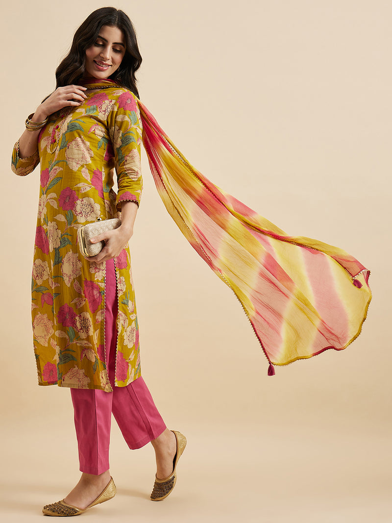 Floral Printed Kurta With Palazzo & Dupatta Set