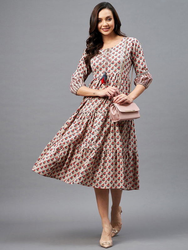 Beige Floral Printed Gathered A-Line Dress