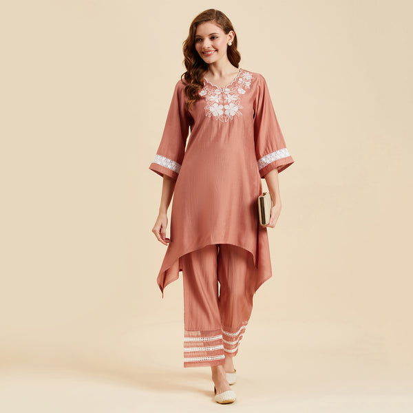 Peach  Embroidered Co-Ords Set