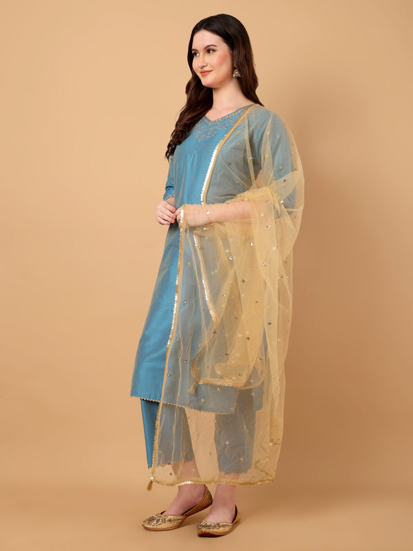 V Neck Embroidered Kurta Palazzo With Dupatta Set