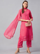 Pink Georgette Kurta With Palazzo & Dupatta Set