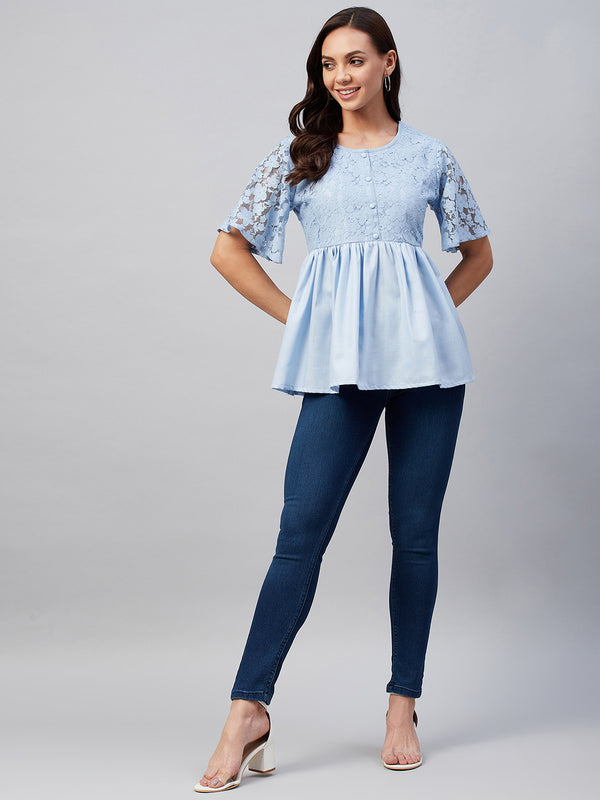 Solid Blue and Flower Lace Gathered A-Line Top