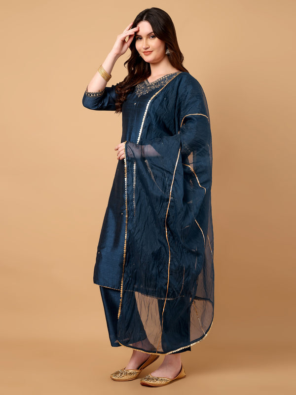 V Neck Embroidered Kurta Palazzo With Dupatta Set