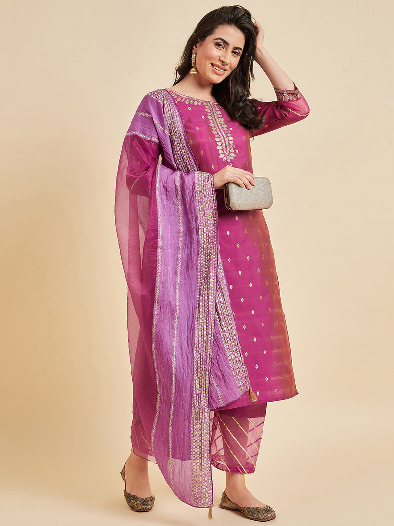 Straight Magenta Kurta With Palazzo & Dupatta set