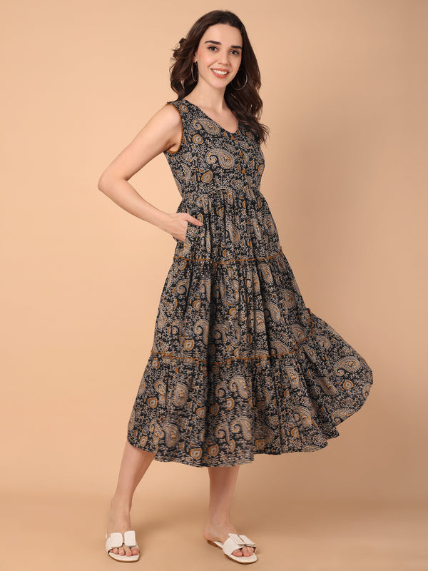 Paisley Print V-Neck Flared Dress