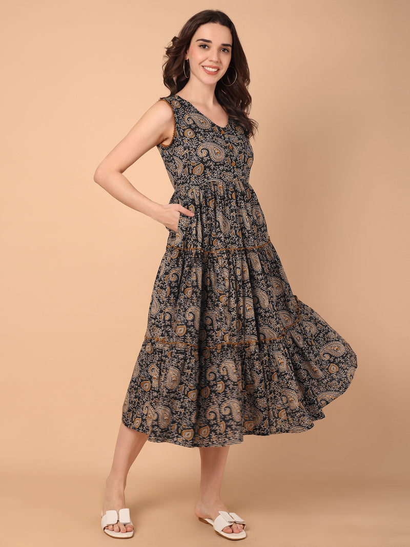 Paisley Print V-Neck Flared Dress