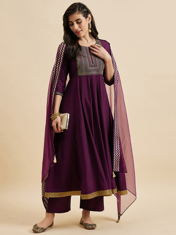 Embroidered Kurta With Palazzo & Dupatta