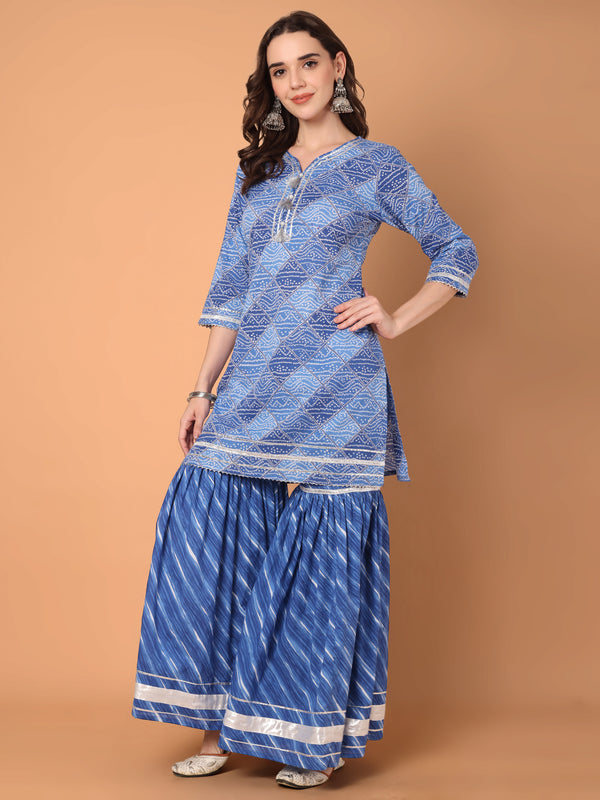 Bandhani Printed Kurta Set With Sharara & Dupatta Set