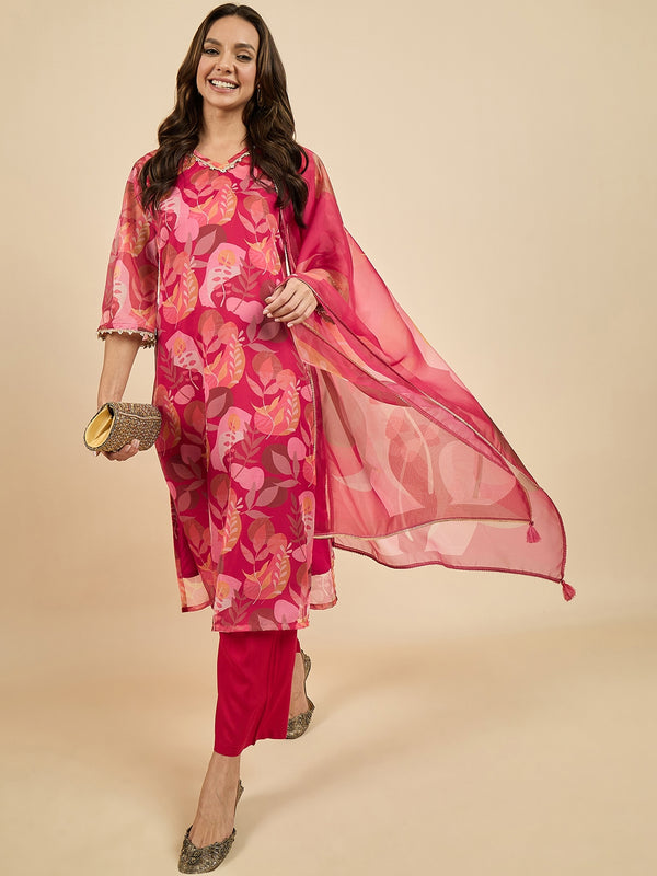 Floral Printed Kurta With Palazzo & Dupatta Set