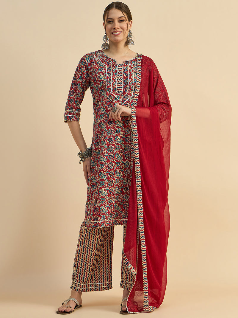 Printed Straight Kurta With Palazzo & Dupatta Set