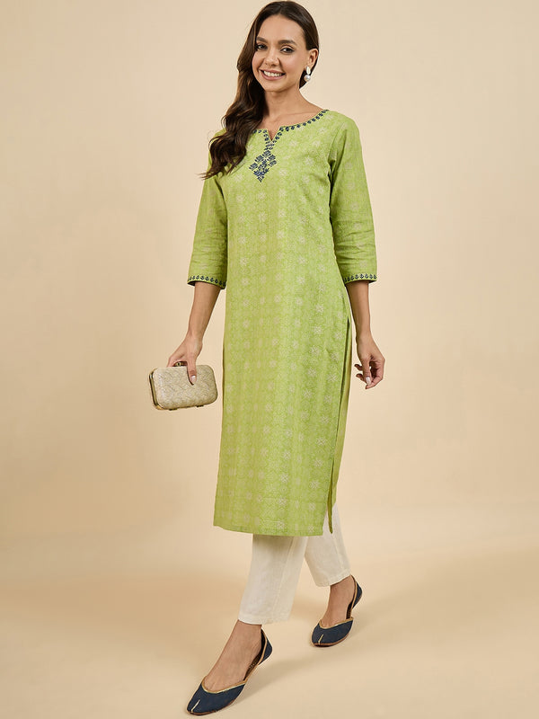 Green Cotton Straight Kurta