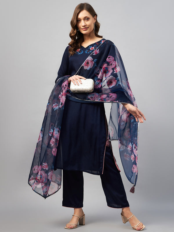 Straight Calf Length Kurta With Palazzo & Dupatta