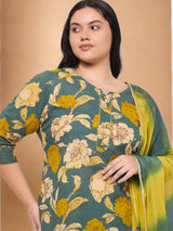 Plus Size Floral Printed Kurta With Palazzo & Dupatta Set