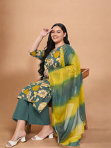 Plus Size Floral Printed Kurta With Palazzo & Dupatta Set
