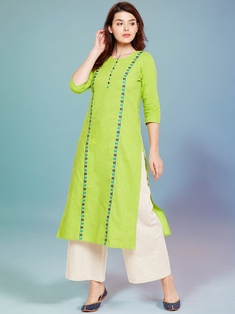 Lime Green Embroidered Straight Kurta