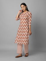 Beige and Brown Ethnic Printed Side Slit Straight Kurta With Palazzo Set