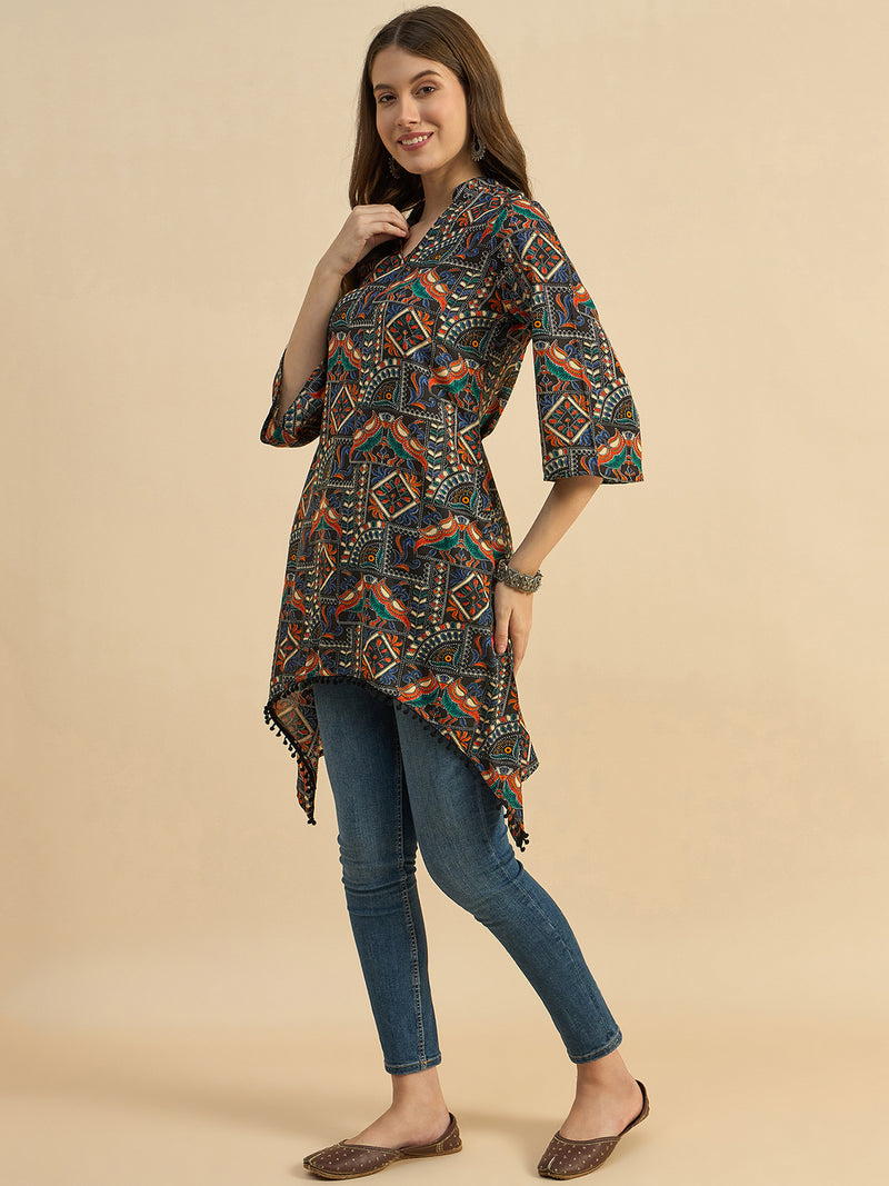 Printed Black Mandarin Collar Kurta