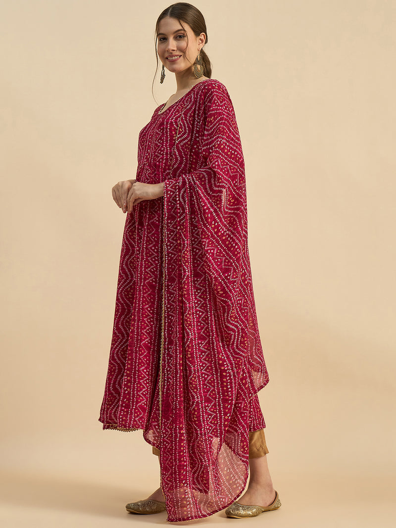 Pink Bandhani Printed Kurta With Dupatta