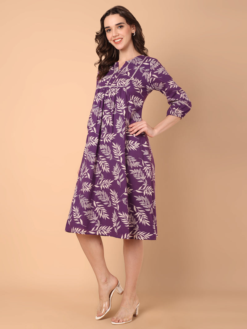 Leaf Print A-Line Dress