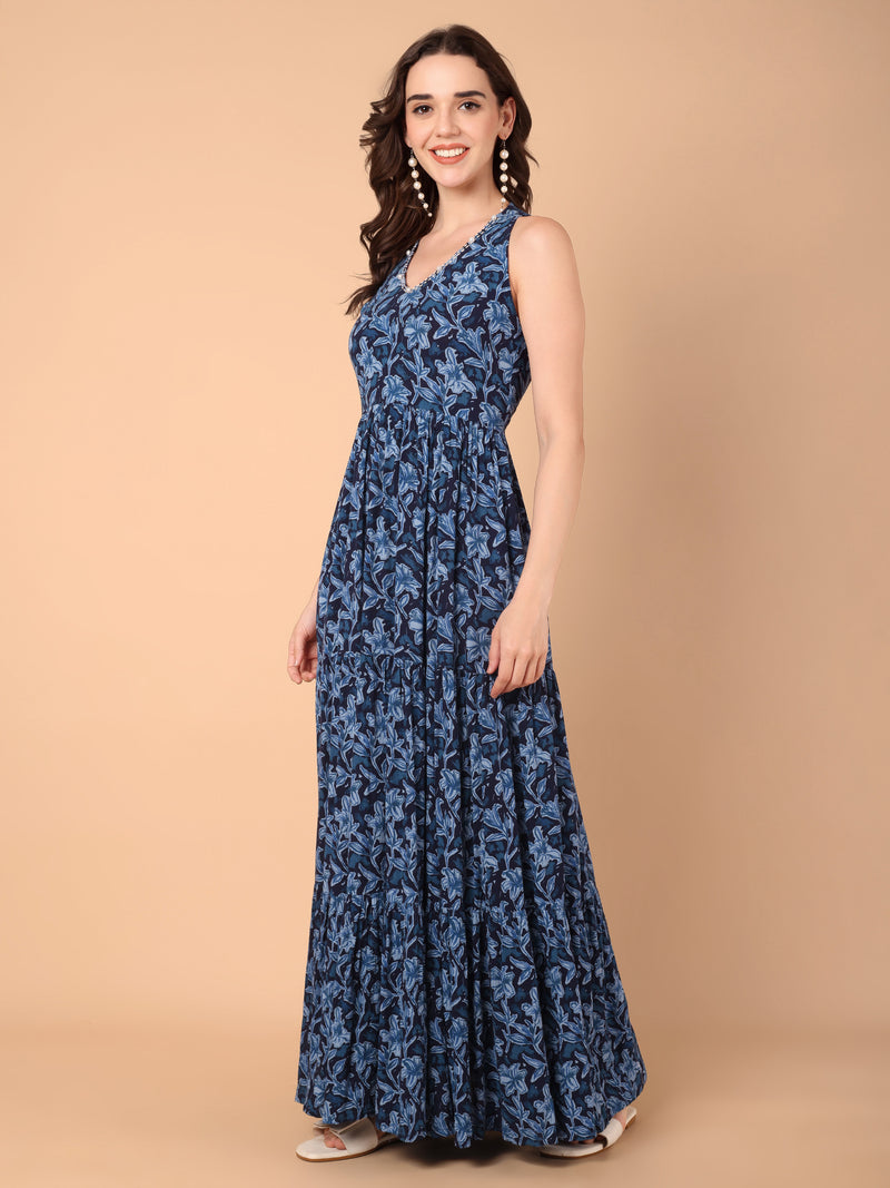 Blue Floral Printed Tiered Dress