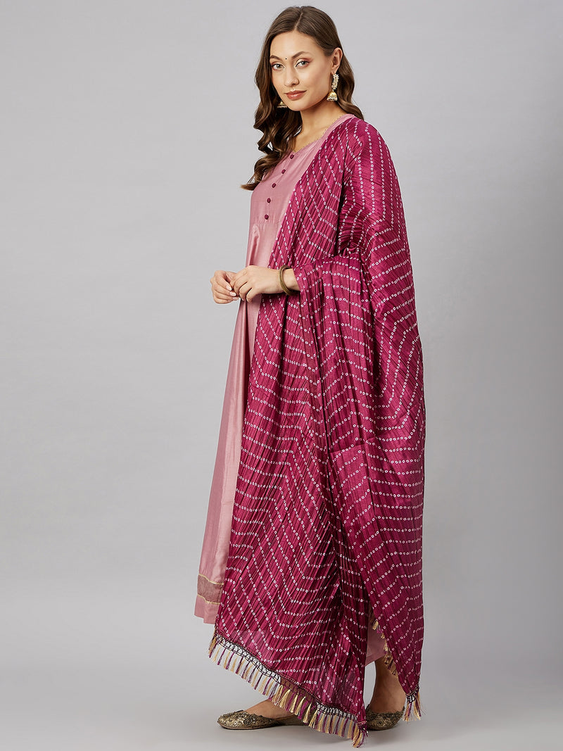 Peach Raw Silk Kurta With Palazzo & Dupatta Set