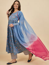 Floral Printed Kurta With Palazzo & Dupatta Set