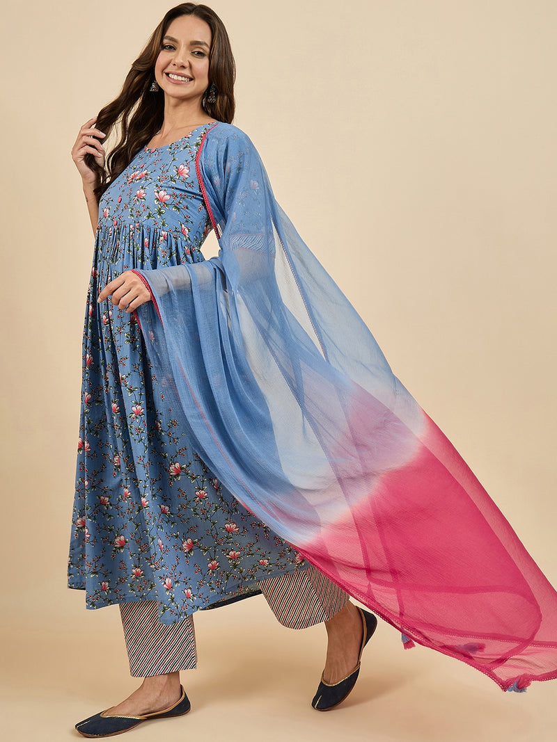 Floral Printed Kurta With Palazzo & Dupatta Set