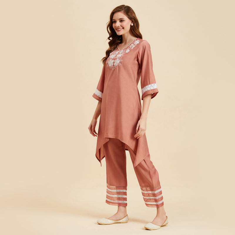 Peach  Embroidered Co-Ords Set