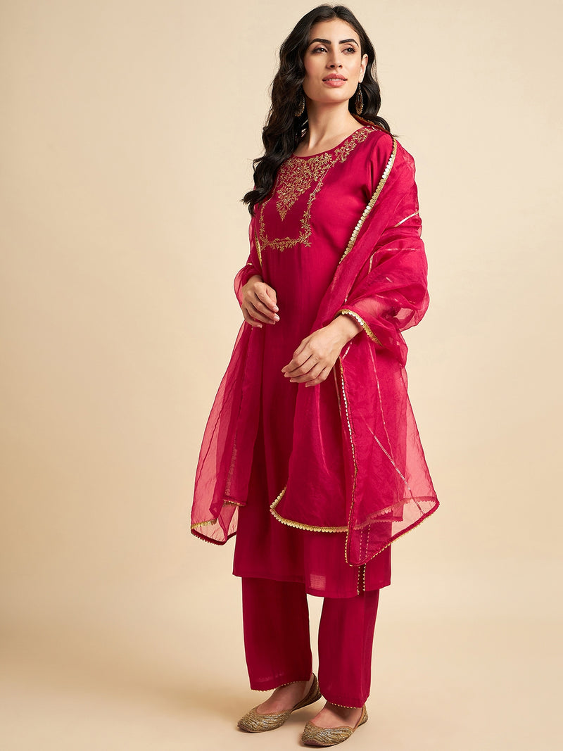 Fuchsia Rayon Silk Straight Calf Length Kurta With Palazzo Dupatta Set