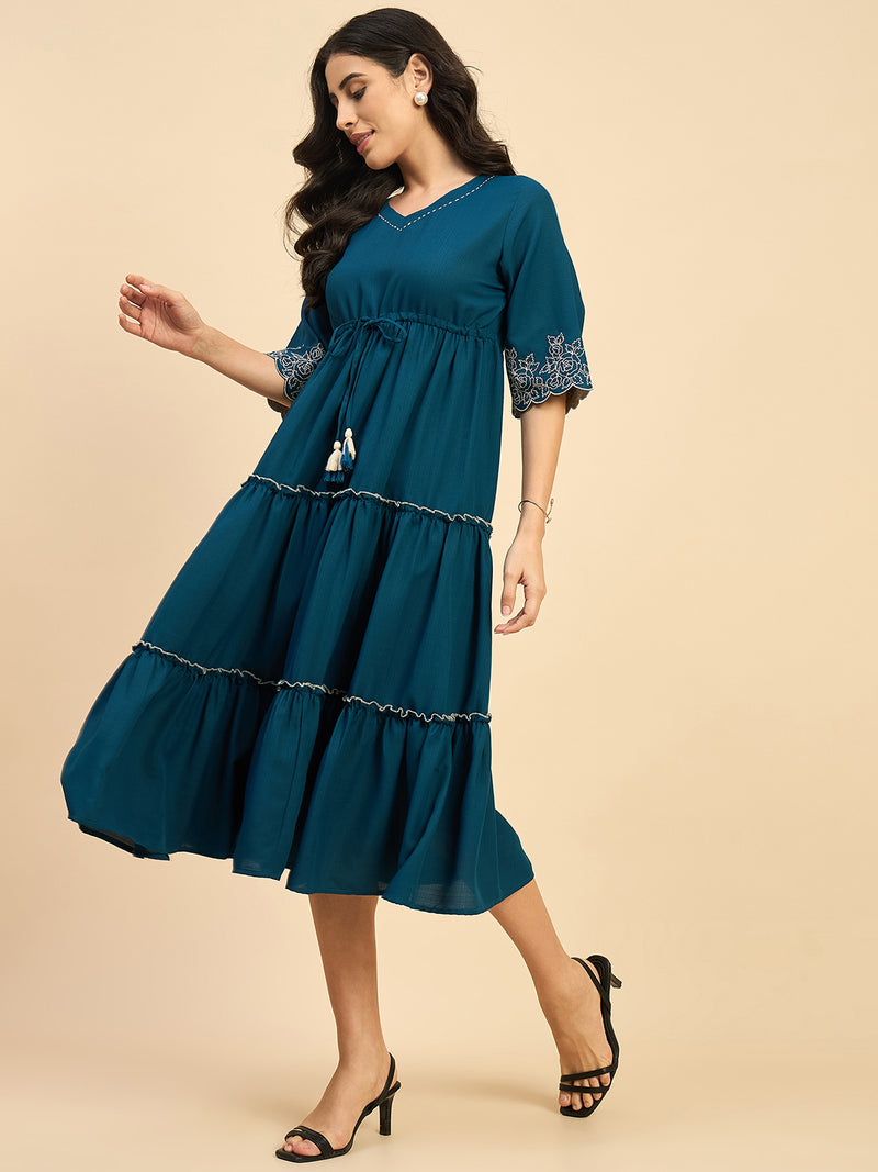 Blue Solid Embroidered Flared Dress