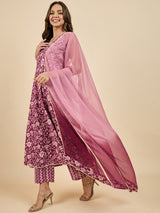 Floral Printed Kurta With Palazzo & Dupatta Set