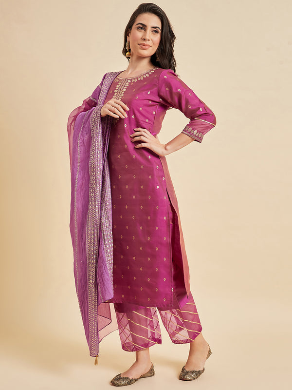 Taffeta Straight calf Length Kurta With Palazzo And Dupatta Set