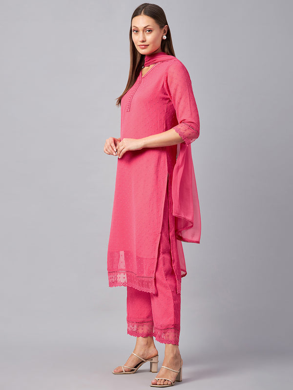 Pink Georgette Kurta With Palazzo & Dupatta Set