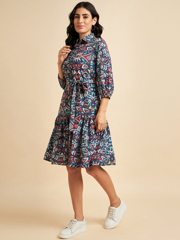 Floral Printed Tie Up Detail Mid Length Dress