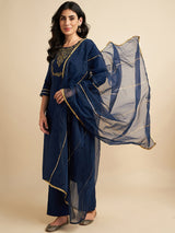 Blue Rayon Silk Straight Calf Length Kurta With Palazzo Dupatta Set