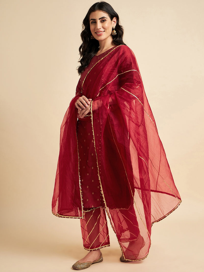 Maroon Raw Silk Straight Calf Length Kurta With Palazzo Dupatta Set