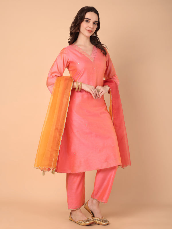 V-Neck Embroidery Kurta With Palazzo & Dupatta Set