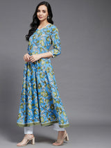 Blue and Green Floral Printed Anarkali Kurta